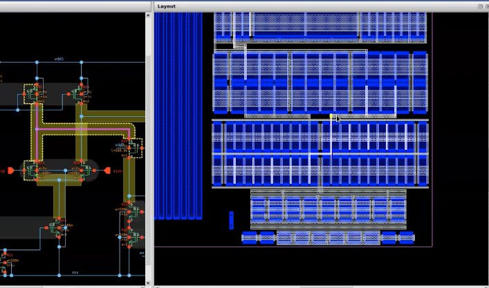 Screen with a detailed blueprint of an analog circuit created using Animate Preview. The individual devices and their connections can be clearly seen in blue and white.